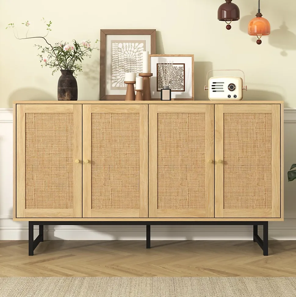 Buffet - Buffet en Bois avec 4 Portes en Rotin, Bahut de Rangement pour Salle à Manger Moderne, 140x39,5x80 cm, Couleur du Bois