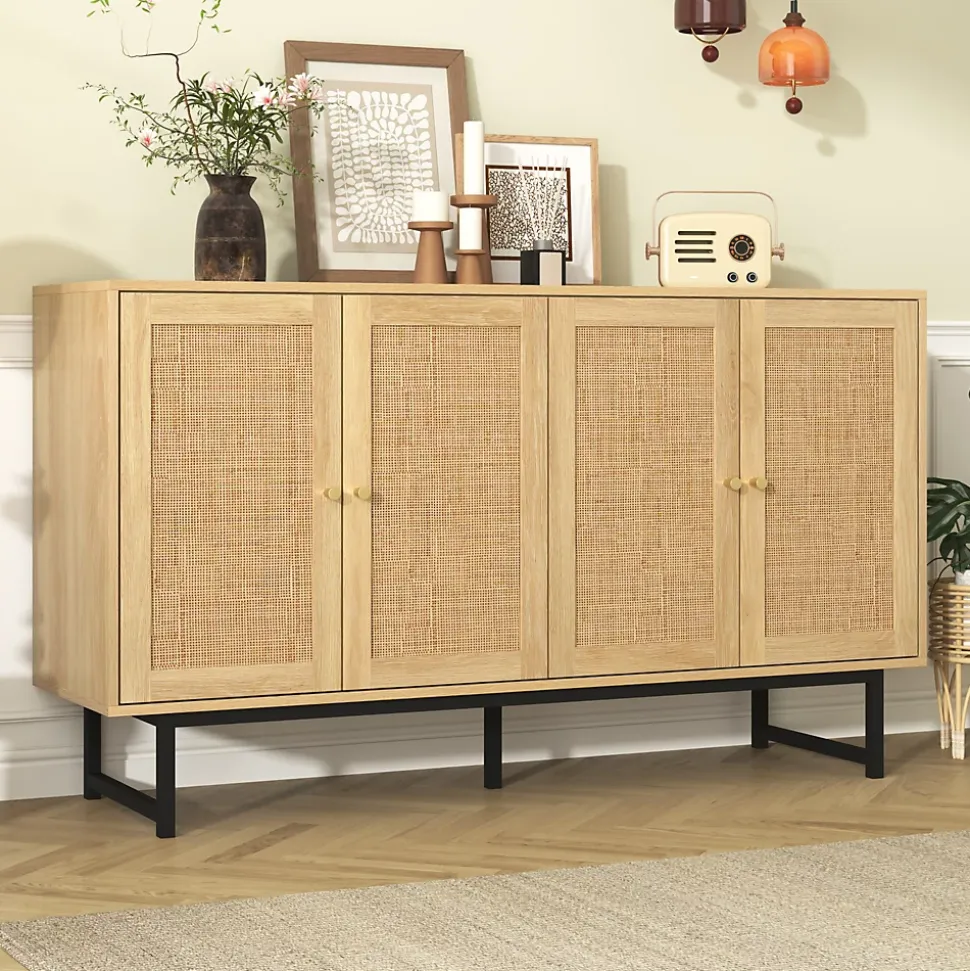Buffet - Buffet en Bois avec 4 Portes en Rotin, Bahut de Rangement pour Salle à Manger Moderne, 140x39,5x80 cm, Couleur du Bois