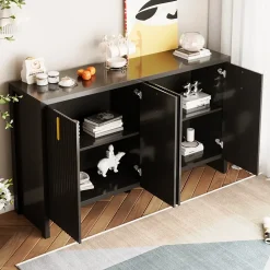 Buffet - Buffet Noir avec 4 Portes et Tiroirs, Bahut de Rangement Contemporain avec Étagères Réglables, 140x38x80 cm, Noir