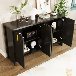 Buffet - Buffet Noir avec 4 Portes et Tiroirs, Bahut de Rangement Contemporain avec Étagères Réglables, 140x38x80 cm, Noir