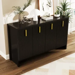 Buffet - Buffet Noir avec 4 Portes et Tiroirs, Bahut de Rangement Contemporain avec Étagères Réglables, 140x38x80 cm, Noir