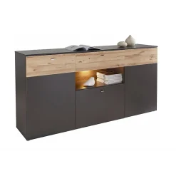 Buffet 195 cm 3 portes 3 tiroirs décor chêne clair et gris - MARBELLA