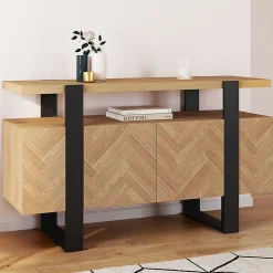 Buffet 140 cm CASSIUS 4 portes effet chevrons et noir
