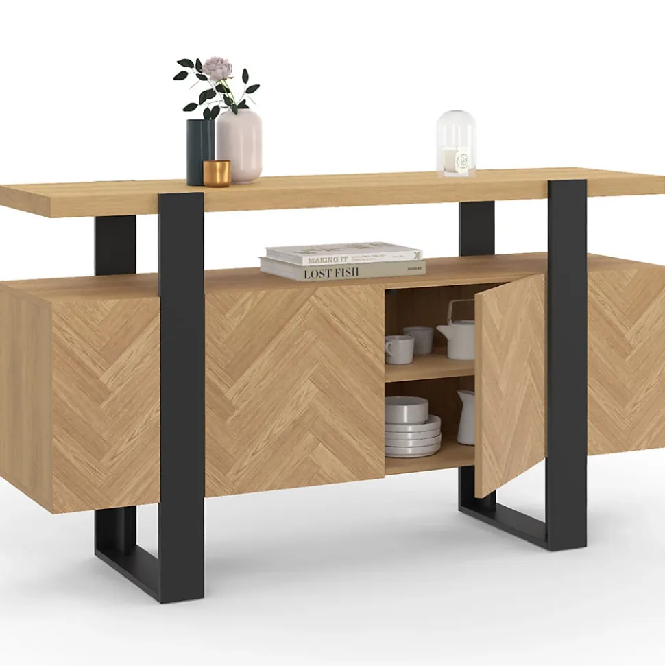 Buffet 140 cm CASSIUS 4 portes effet chevrons et noir