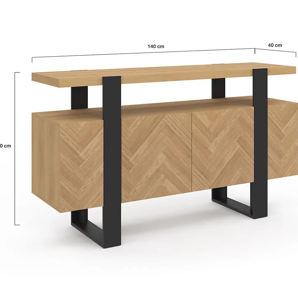 Buffet 140 cm CASSIUS 4 portes effet chevrons et noir