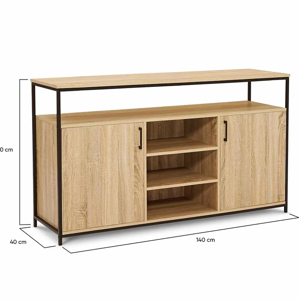 Buffet 140 cm DETROIT 2 portes et 3 étagères design industriel