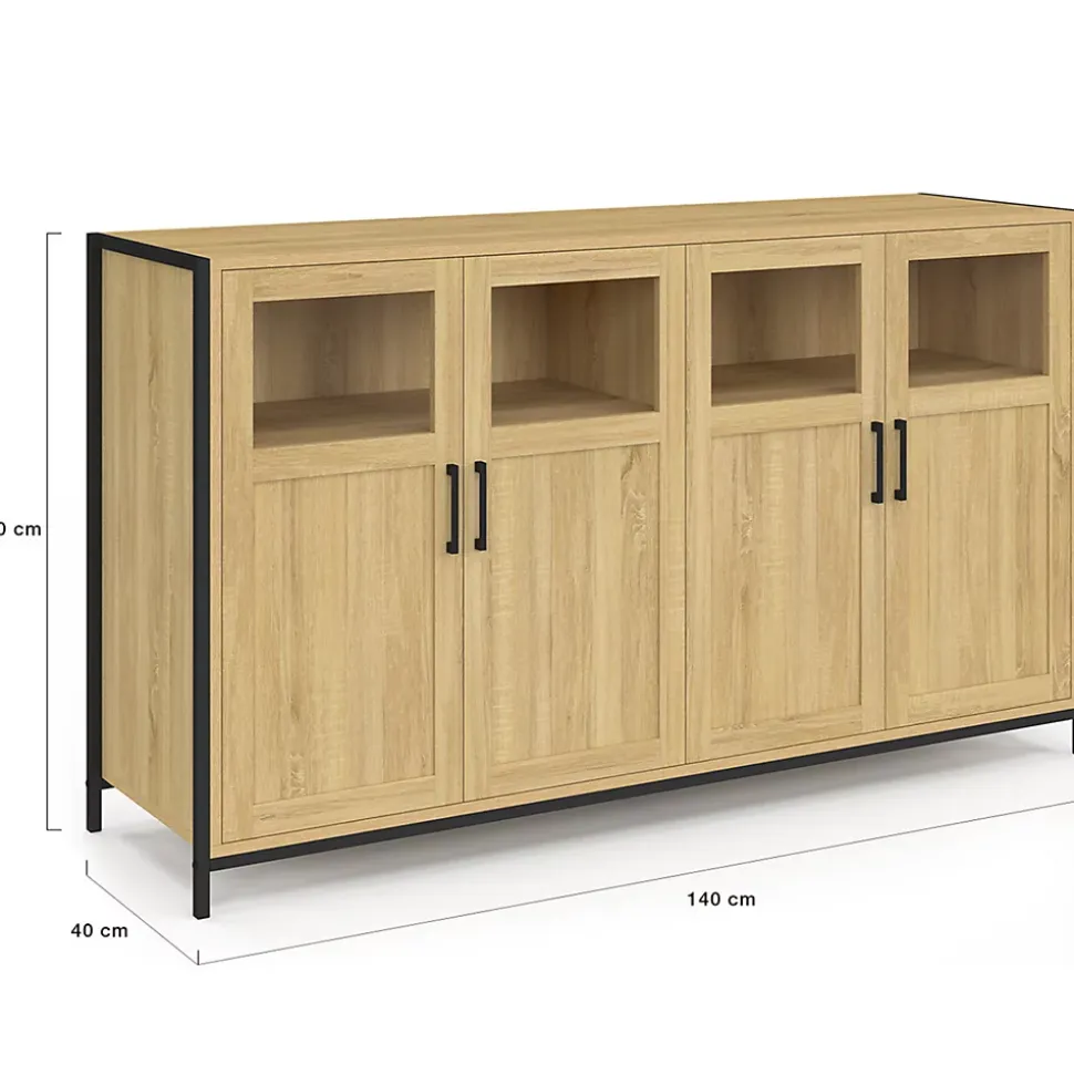 Buffet 140 cm DETROIT 4 portes avec vitrines design industriel