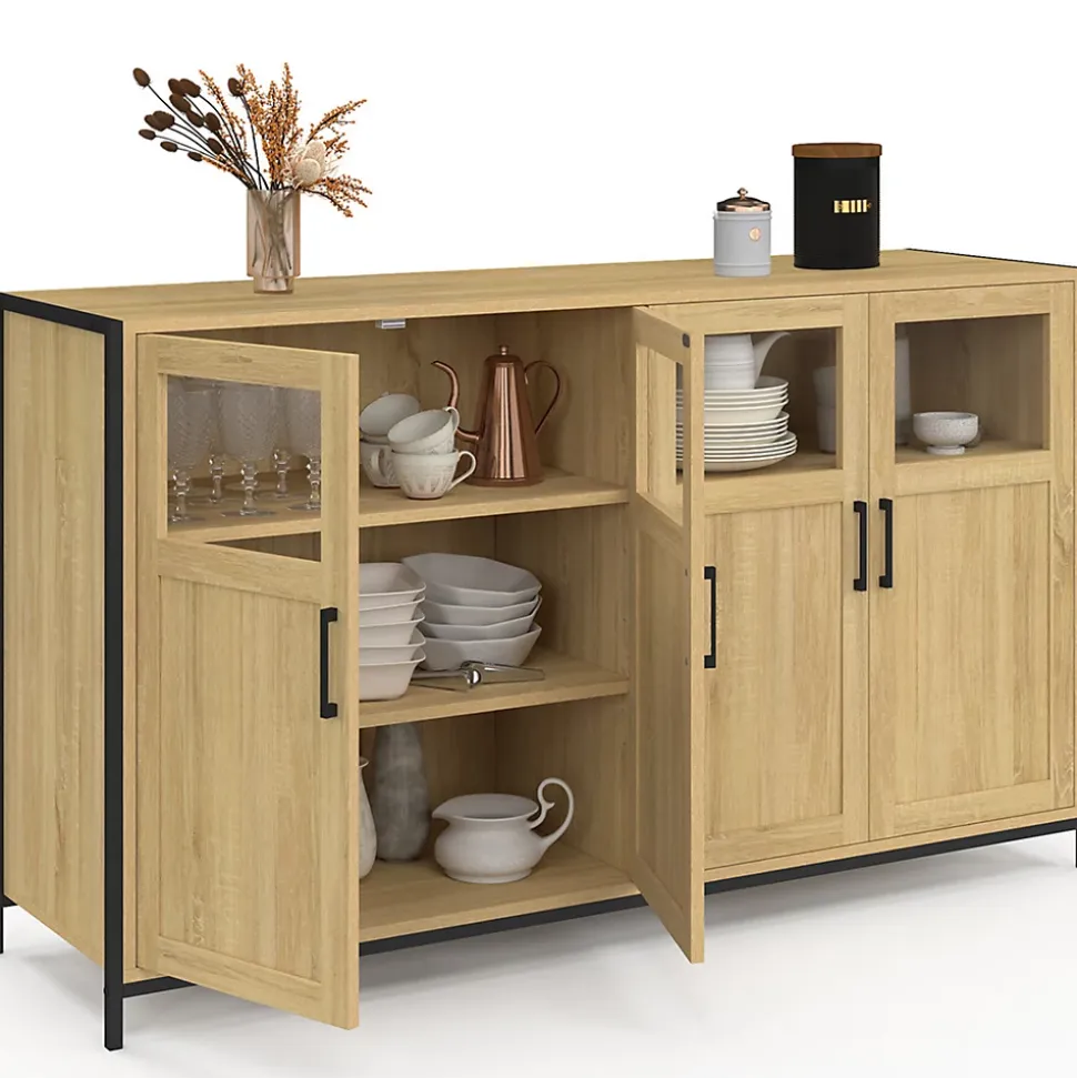 Buffet 140 cm DETROIT 4 portes avec vitrines design industriel