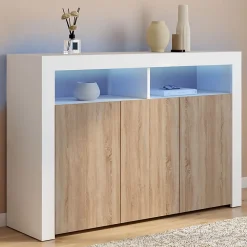 Buffet 110 cm ELIGHT 3 portes avec LED et niches blanc et bois façon hêtre