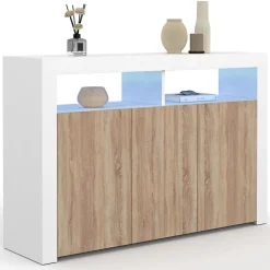 Buffet 110 cm ELIGHT 3 portes avec LED et niches blanc et bois façon hêtre