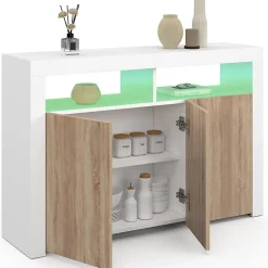 Buffet 110 cm ELIGHT 3 portes avec LED et niches blanc et bois façon hêtre