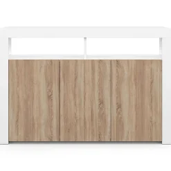 Buffet 110 cm ELIGHT 3 portes avec LED et niches blanc et bois façon hêtre