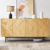 Buffet 160 cm en bois naturel avec incrustations métal, 4 portes sans poignées et pieds 18 cm