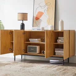 Buffet 160 cm en bois naturel avec incrustations métal, 4 portes sans poignées et pieds 18 cm