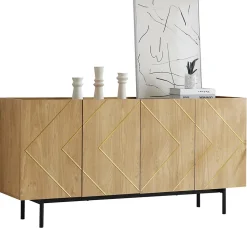 Buffet 160 cm en bois naturel avec incrustations métal, 4 portes sans poignées et pieds 18 cm