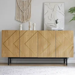 Buffet 160 cm en bois naturel avec incrustations métal, 4 portes sans poignées et pieds 18 cm