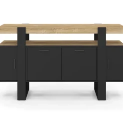 Buffet 140 cm PHOENIX 4 portes noir avec plateau bois