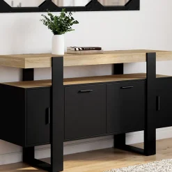 Buffet 140 cm PHOENIX 4 portes noir avec plateau bois