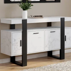Buffet 140 cm PHOENIX 4 portes effet marbre blanc ALASKA et noir