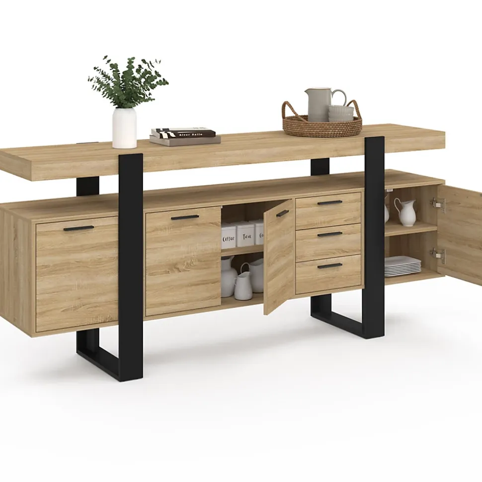 Buffet 180 cm PHOENIX XXL 4 portes avec 3 tiroirs bois et noir