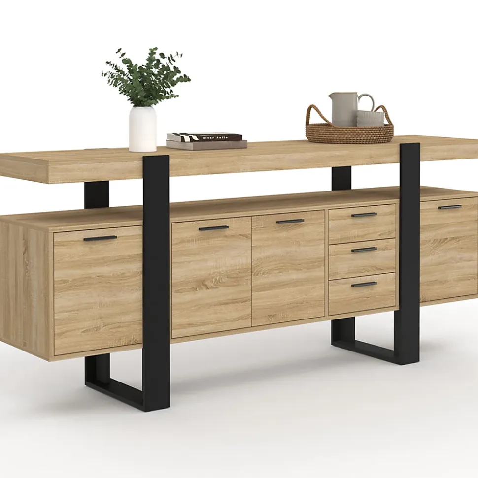Buffet 180 cm PHOENIX XXL 4 portes avec 3 tiroirs bois et noir