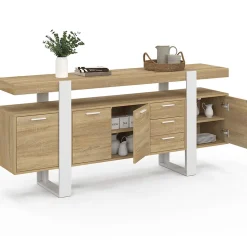 Buffet 180 cm PHOENIX XXL 4 portes avec 3 tiroirs bois et blanc