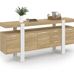 Buffet 180 cm PHOENIX XXL 4 portes avec 3 tiroirs bois et blanc