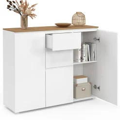 Buffet 100 cm TOBY 3 portes 2 tiroirs blanc et plateau bois