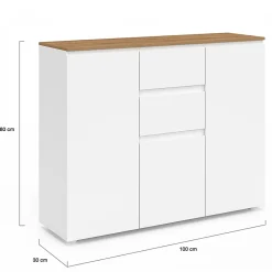 Buffet 100 cm TOBY 3 portes 2 tiroirs blanc et plateau bois