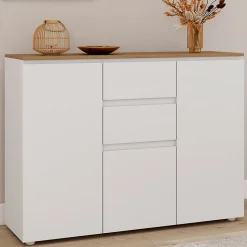 Buffet 100 cm TOBY 3 portes 2 tiroirs blanc et plateau bois