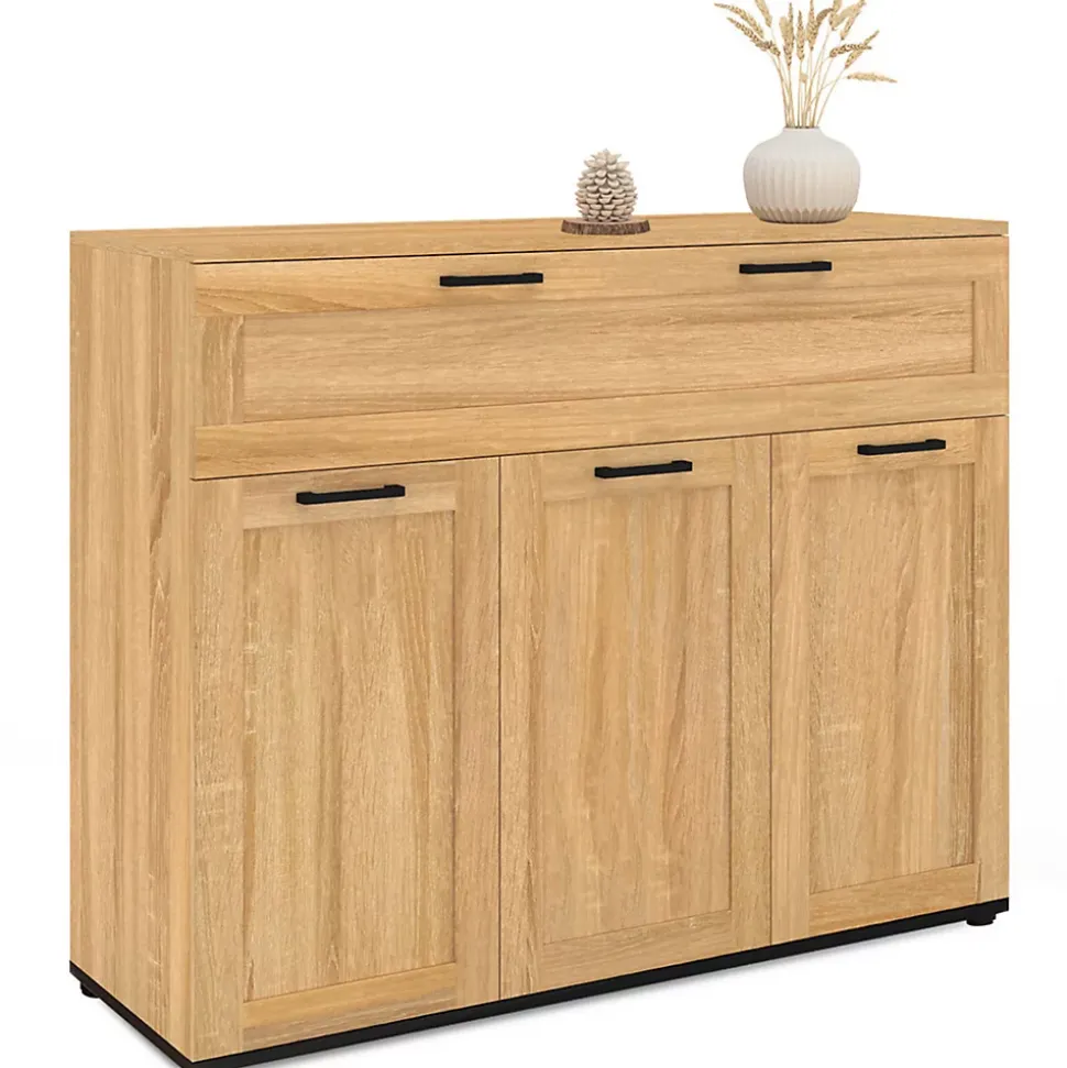 Buffet 100 cm VITO 3 portes et 1 tiroir façon hêtre et poignées noires