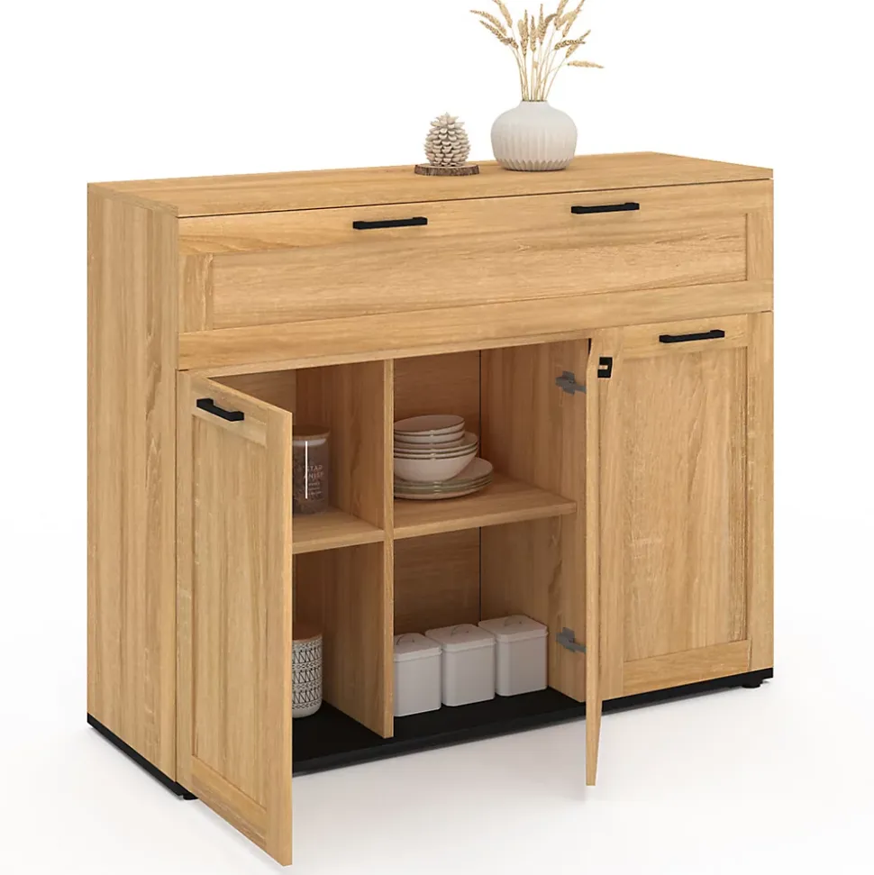 Buffet 100 cm VITO 3 portes et 1 tiroir façon hêtre et poignées noires