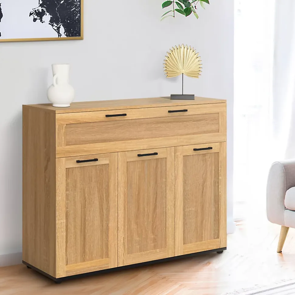 Buffet 100 cm VITO 3 portes et 1 tiroir façon hêtre et poignées noires