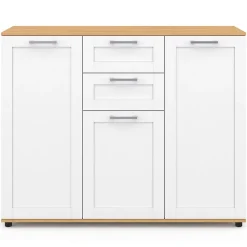 Buffet 100 cm VITO 3 portes et 2 tiroirs blanc et plateau bois