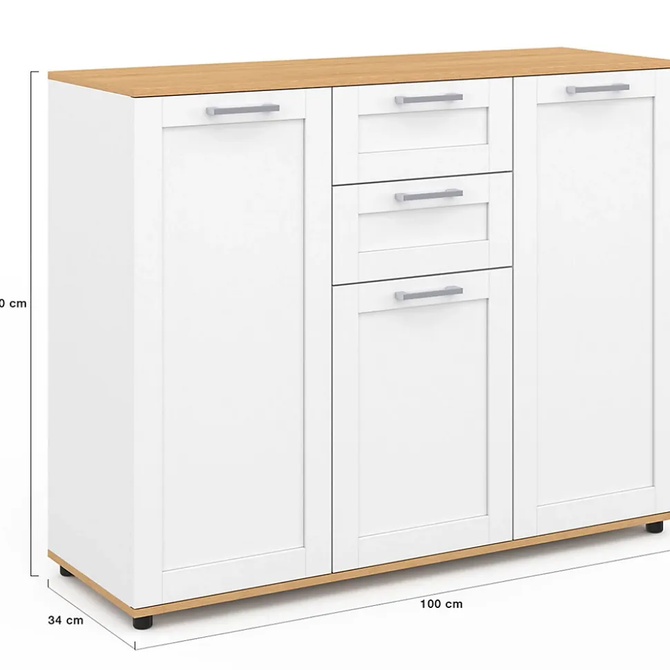 Buffet 100 cm VITO 3 portes et 2 tiroirs blanc et plateau bois