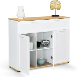 Buffet 100 cm VITO 3 portes et 1 tiroir blanc et plateau bois