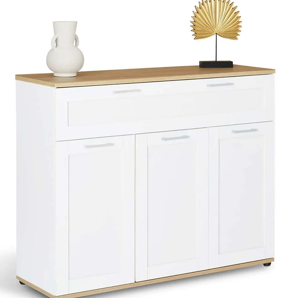 Buffet 100 cm VITO 3 portes et 1 tiroir blanc et plateau bois