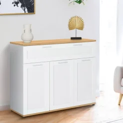 Buffet 100 cm VITO 3 portes et 1 tiroir blanc et plateau bois