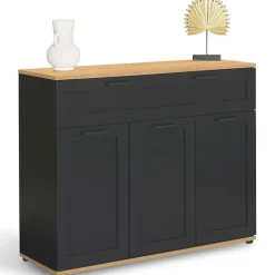 Buffet 100 cm VITO 3 portes et 1 tiroir noir et plateau bois