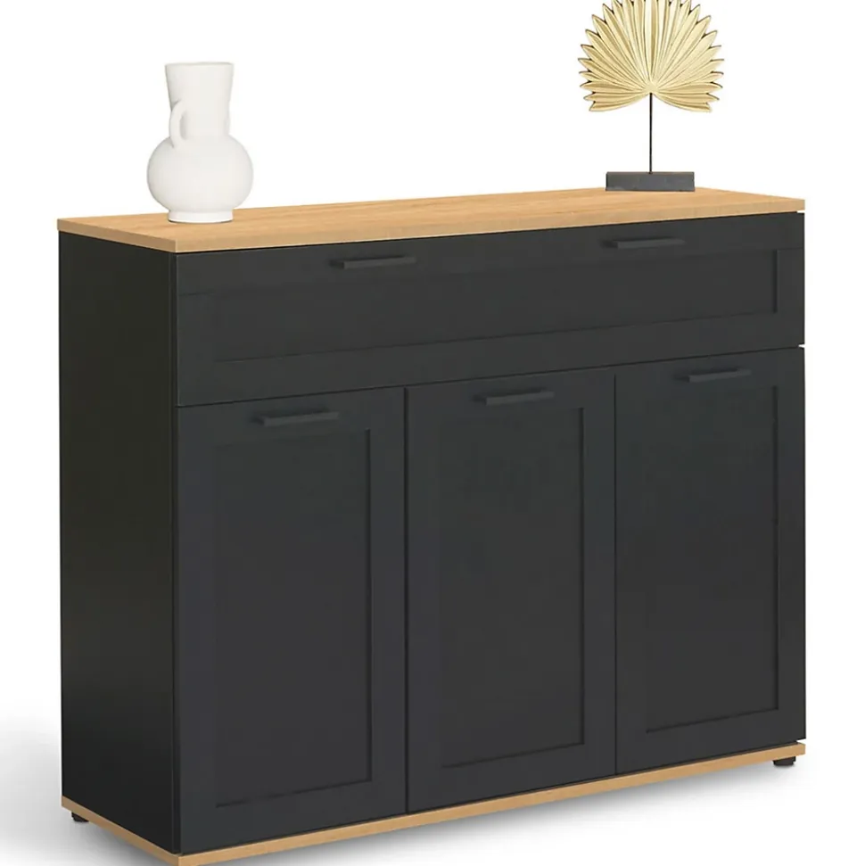 Buffet 100 cm VITO 3 portes et 1 tiroir noir et plateau bois