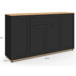 Buffet 140 cm VITO 4 portes et 1 tiroir noir et bois