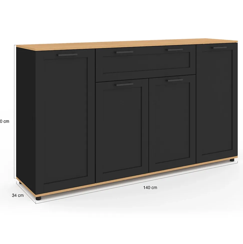 Buffet 140 cm VITO 4 portes et 1 tiroir noir et bois