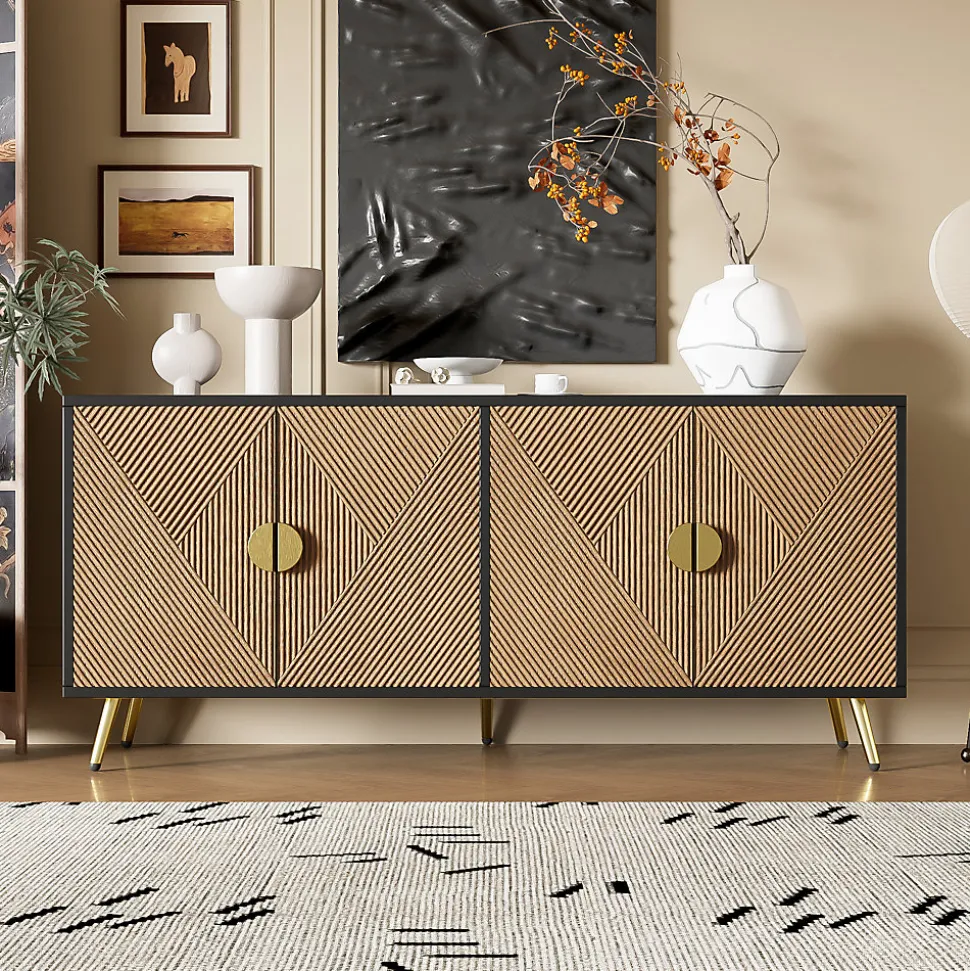 Buffet - Meuble de Rangement avec Poignées demi-Cercle + Charnières Soft-Close - MDF + PB - 160x40x75 cm - Marron + Noir