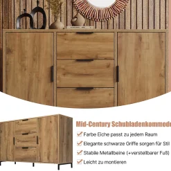 Buffet - Meuble de Rangement avec 2 Portes et 3 Tiroirs, Bois Massif, Marron, 120x40x76 cm