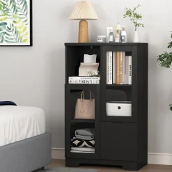 Buffet - Meuble de Rangement Moderne avec Tiroir et Portes en Verre, Buffet en MDF avec Espace ouvert, 65 x 30 x 100 cm, Noir