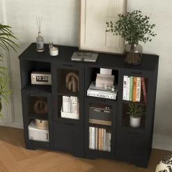 Buffet - Meuble de Rangement Moderne avec Tiroir et Portes en Verre, Buffet en MDF avec Espace ouvert, 65 x 30 x 100 cm, Noir
