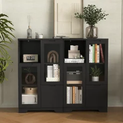 Buffet - Meuble de Rangement Moderne avec Tiroir et Portes en Verre, Buffet en MDF avec Espace ouvert, 65 x 30 x 100 cm, Noir