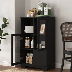 Buffet - Meuble de Rangement Moderne avec Tiroir et Portes en Verre, Buffet en MDF avec Espace ouvert, 65 x 30 x 100 cm, Noir