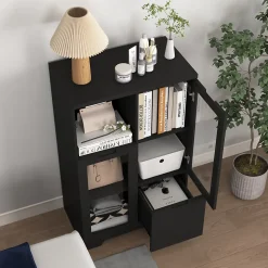 Buffet - Meuble de Rangement Moderne avec Tiroir et Portes en Verre, Buffet en MDF avec Espace ouvert, 65 x 30 x 100 cm, Noir