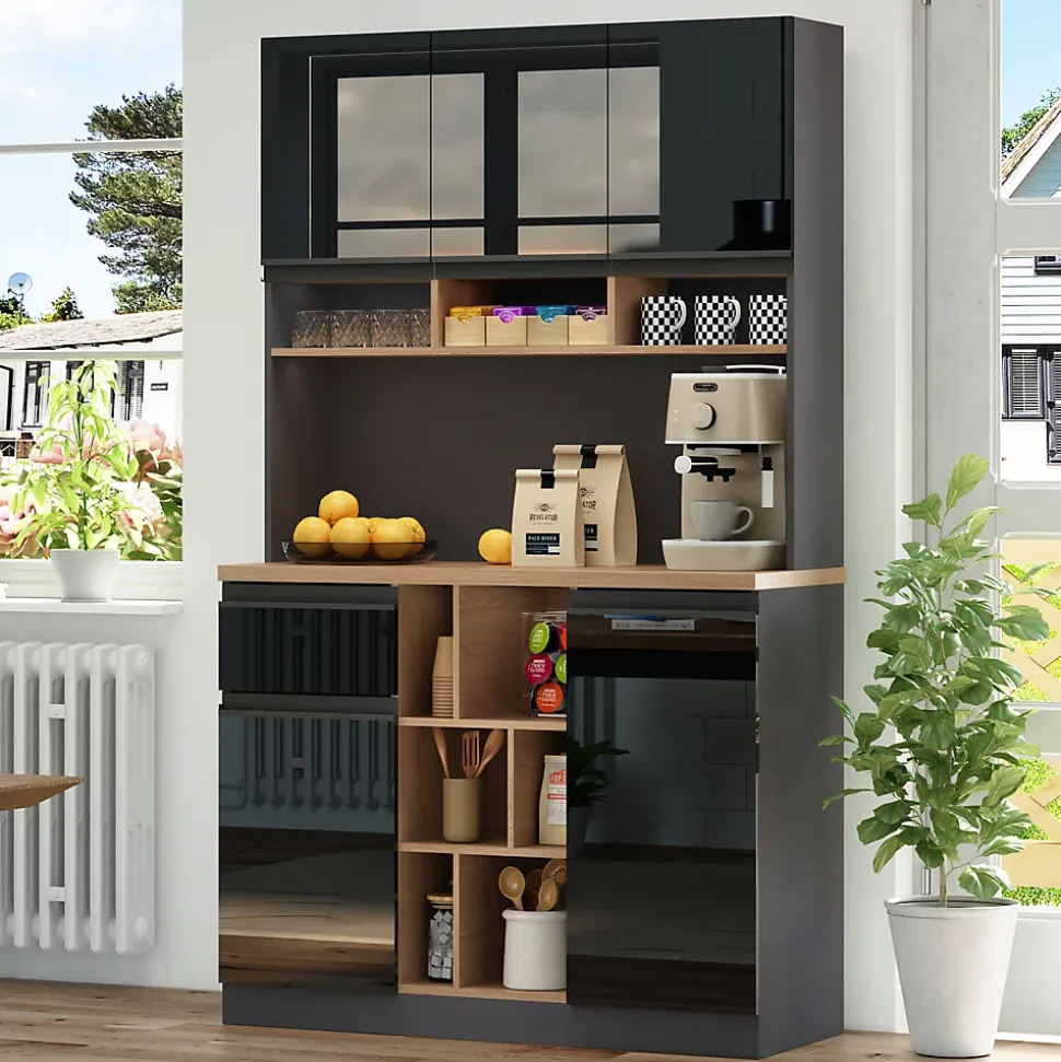 Buffet - Meuble d'Entrée Avec Tiroirs Et Portes, Étagères Réglables Et Niches Ouvertes, MDF - Gris Noir